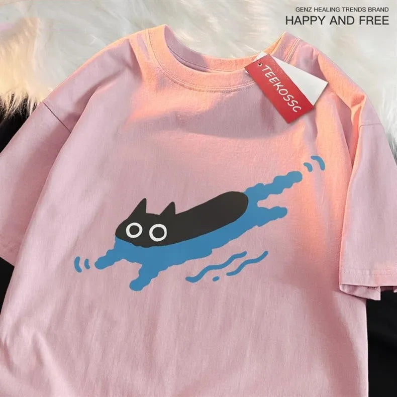 Black Cat brand pure cotton short sleeve straight fit top for plus size adults on a hanger.