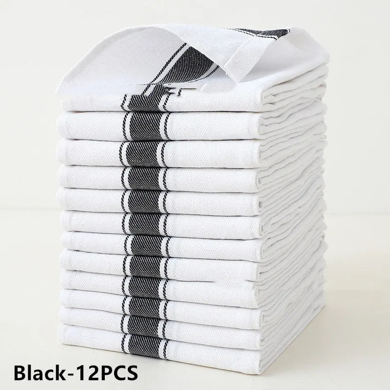 Pack of twelve striped cotton dish towels measuring 48 by 70 centimetres for kitchen use