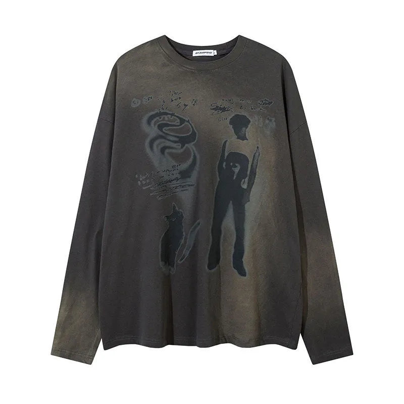 Loose drop-shoulder sleeve cotton pullover top with letter pattern in dark grey