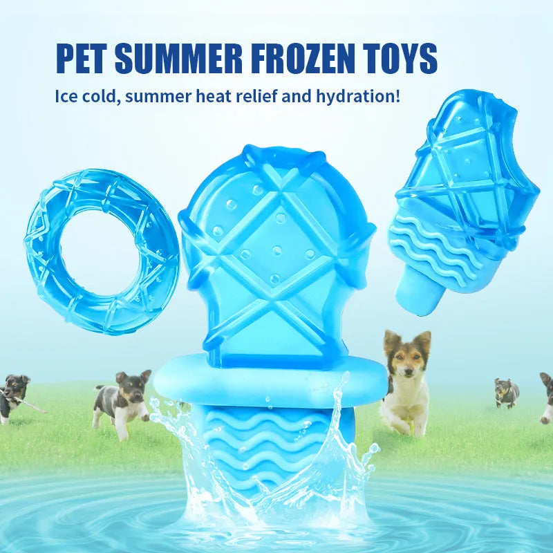 Set of three dog cooling toys: pacifier, popsicle, and ring, designed to be filled with water and frozen.