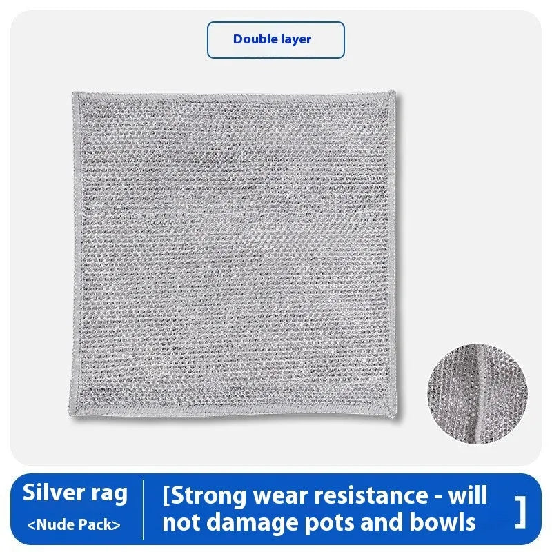 Silver wire kitchen scrubber with attached microfibre rag for double-sided pot cleaning