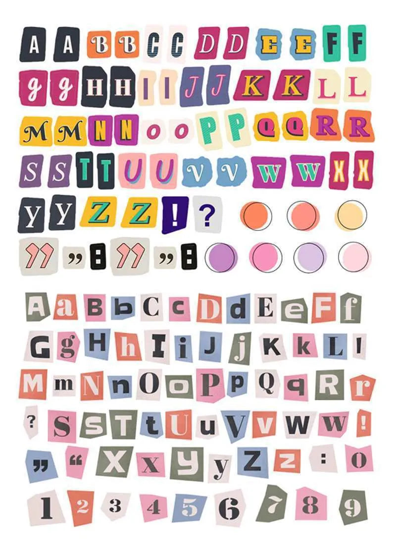 A set of cute-style decoration stickers showing printed English letters and weekly words like Monday, Tuesday.