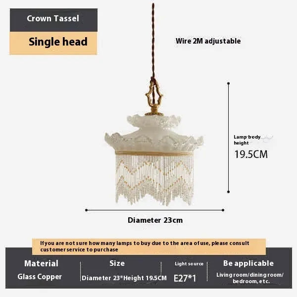 Tassel chandelier with copper lamp body and glass lampshade for dining room or bedroom