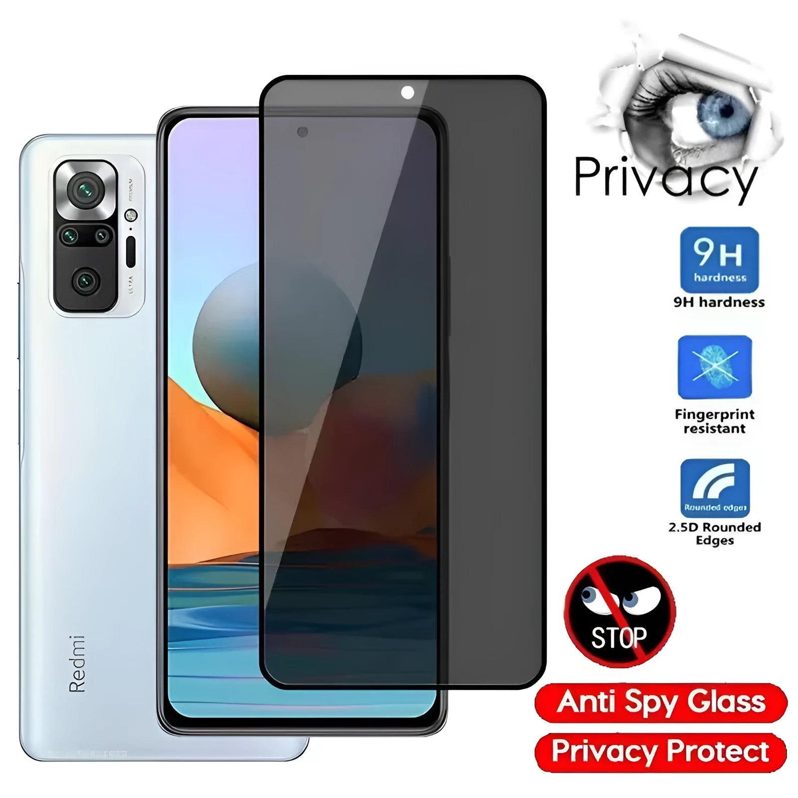 Xiaomi smartphone anti-spy tempered glass screen protector with 9H hardness rating