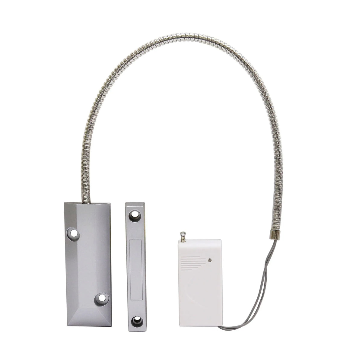 Wireless rolling shutter door magnetic smart detector in silver finish on a white background