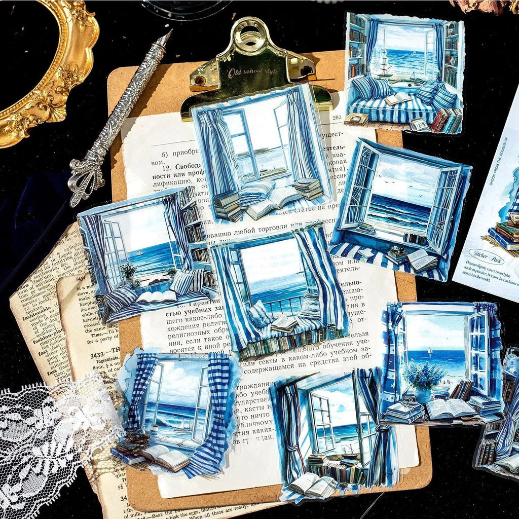Window Story Series journal decorative stickers set showing six retro-style printed designs with scenic window themes