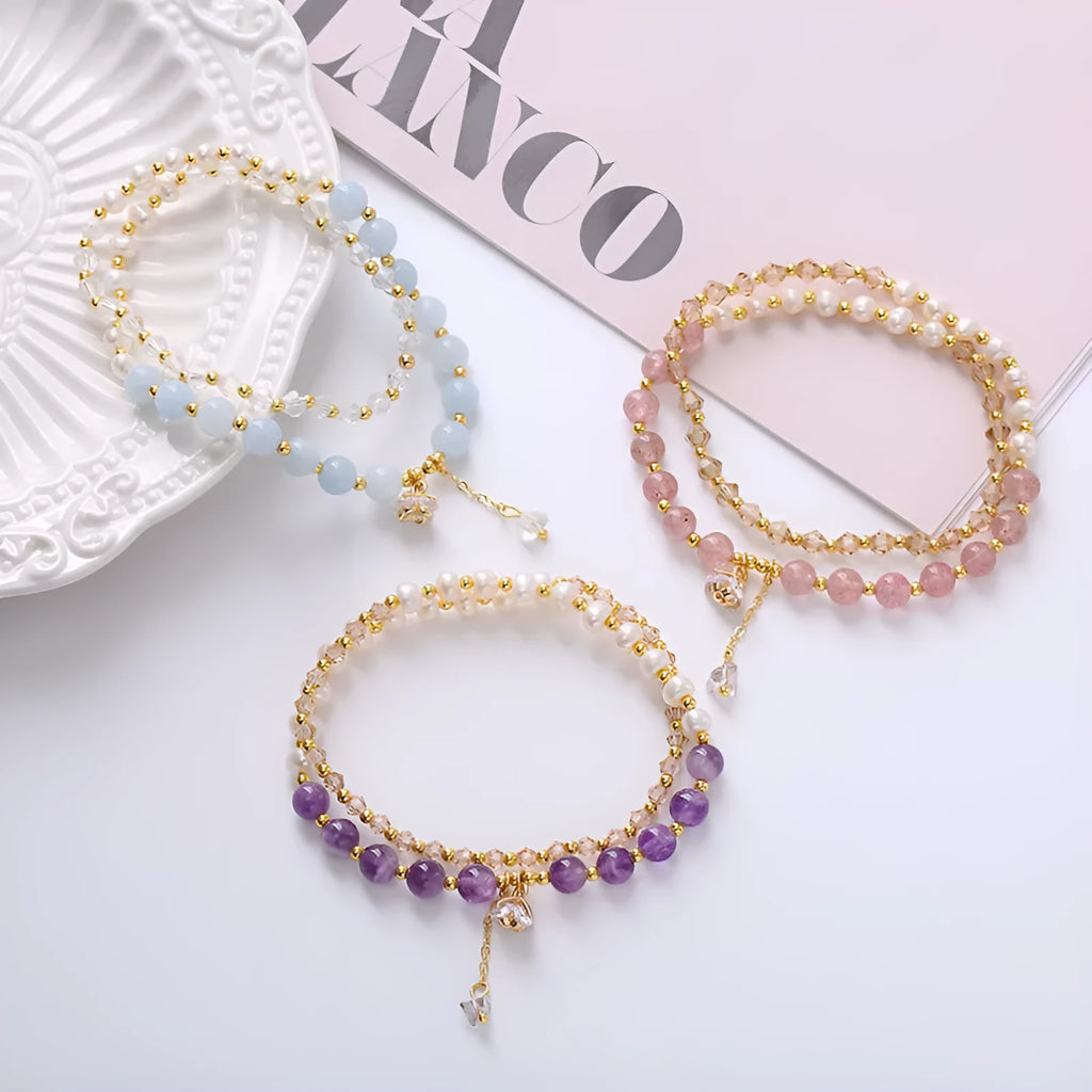 Freshwater pearl double ring bracelet with crystal beads in Amethyst, Aquamarine, or Strawberry Quartz