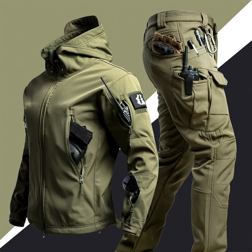 Camouflage winter shell jacket suit set for men with jacket and trousers, waterproof and windproof