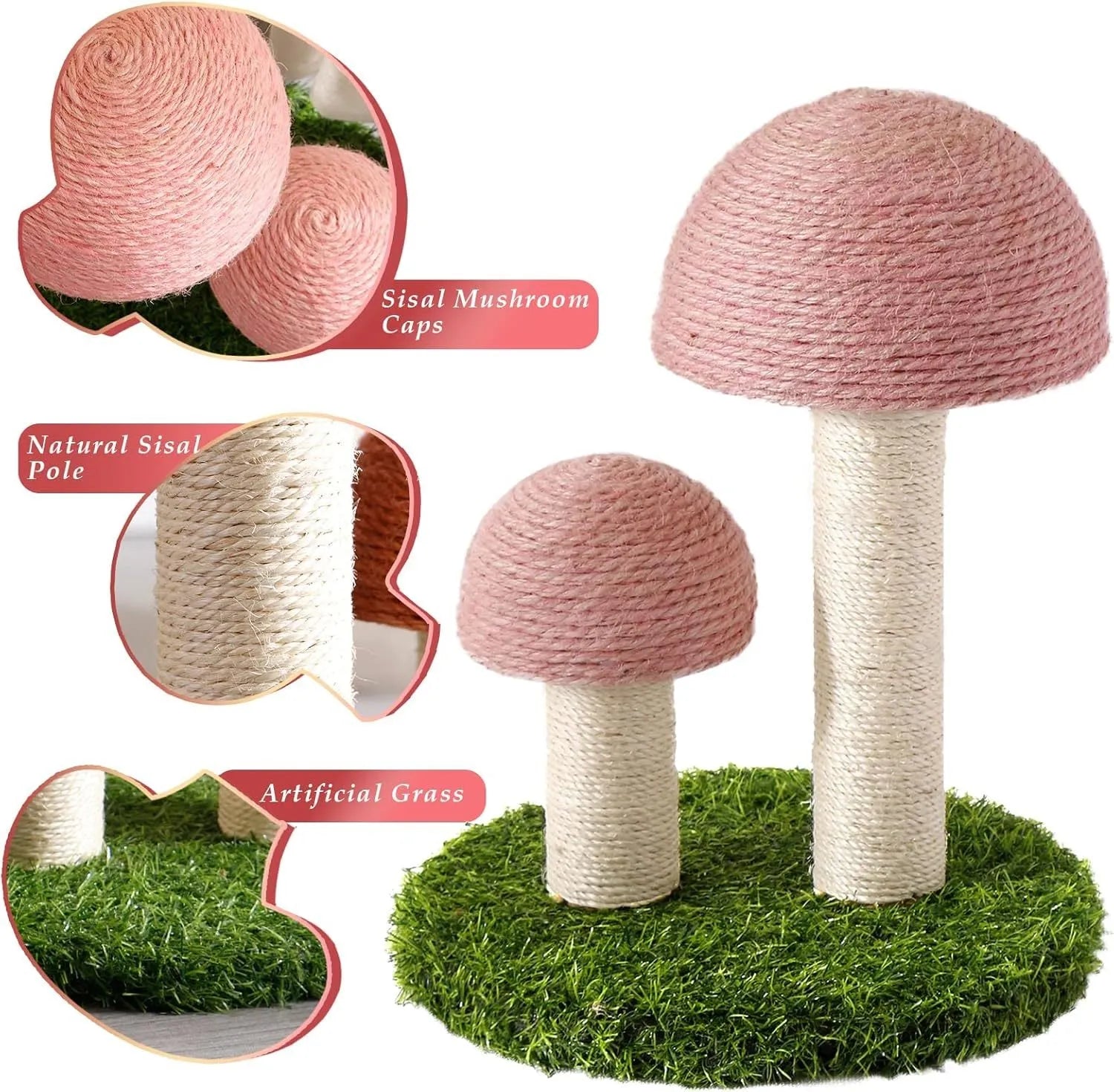Pink mushroom-shaped cat scratching post with natural sisal covering for small cats