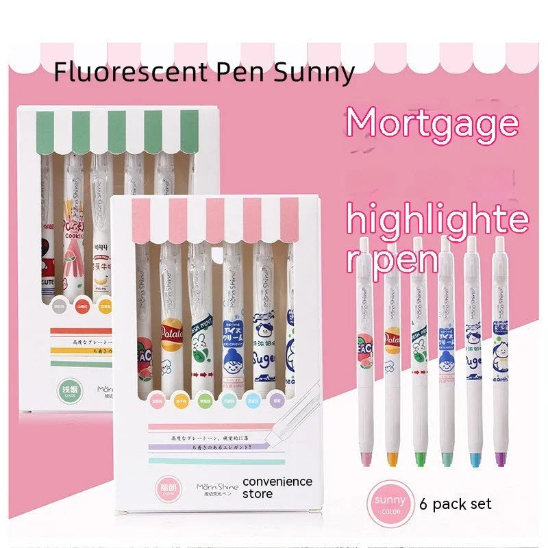 Fluorescent pen snacks 6 pack highlighter set with oblique head in plastic shell boxed packing
