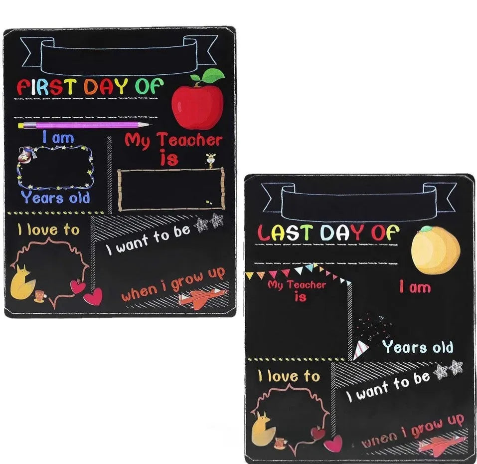 Modern wooden blackboard sign for first day of school, 25.5 by 30 centimetres.