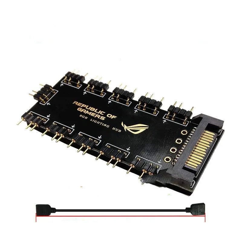 AURA RGB One Point Ten 5V hub black with SATA power cable and 10 ports for PC RGB lighting expansion