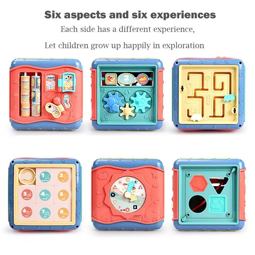 Colourful six-sided baby activity cube with bead maze, clock, and car game panels.