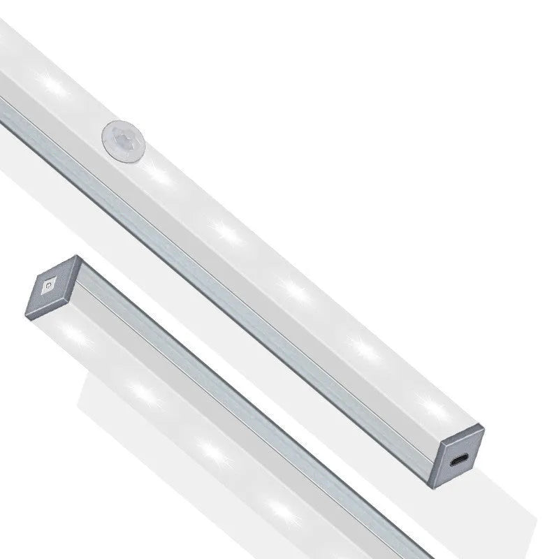 Aluminium LED closet light with magnetic back, shown illuminating a wardrobe interior.
