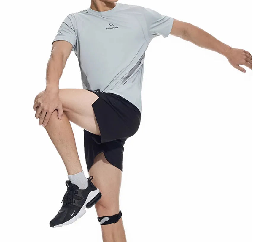 Black and blue four-point stretch running shorts with laser punching stitching on a mannequin.