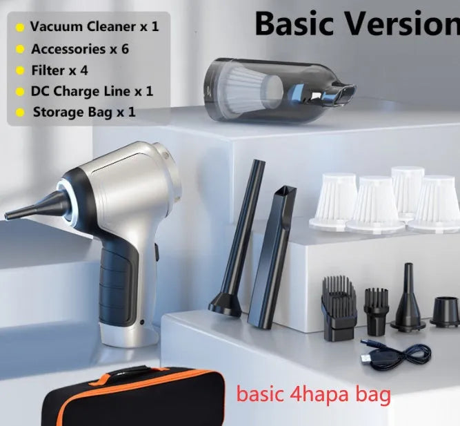 Handheld cordless vacuum cleaner unit for use in cars and homes, showing its portable design.