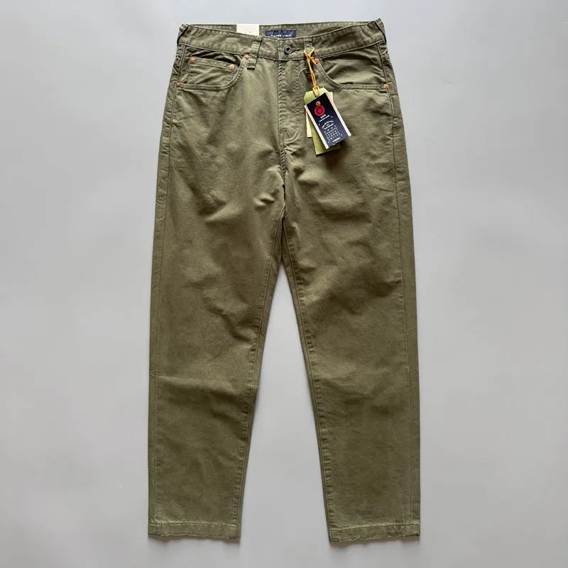 Men's straight-leg cotton trousers in grey, Army Green, and khaki colours on a mid-waist fit model.