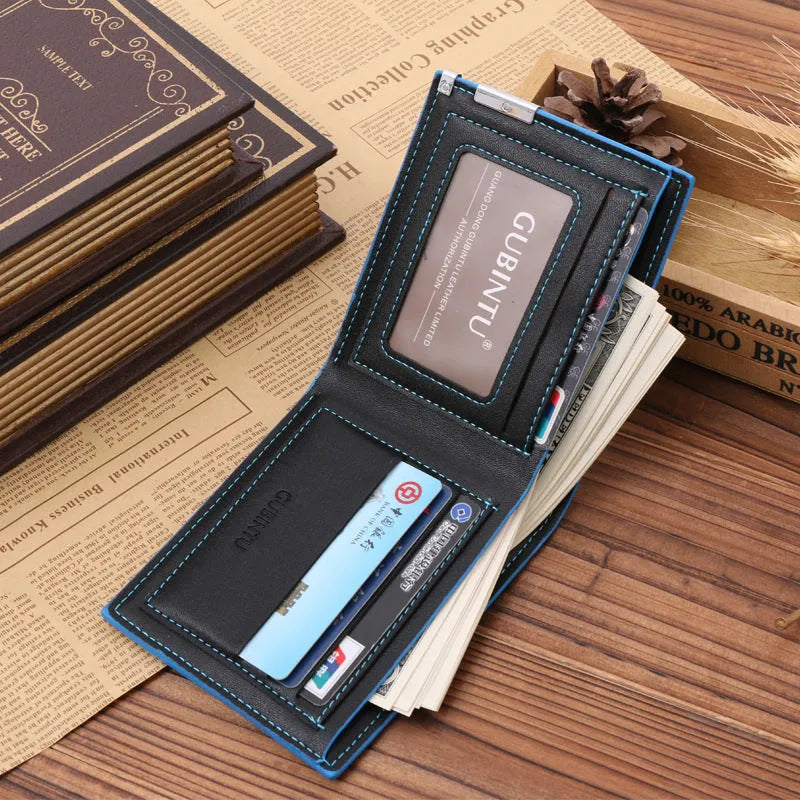 Man wallet in black PU leather with blue edge, showing card slots and bill compartments