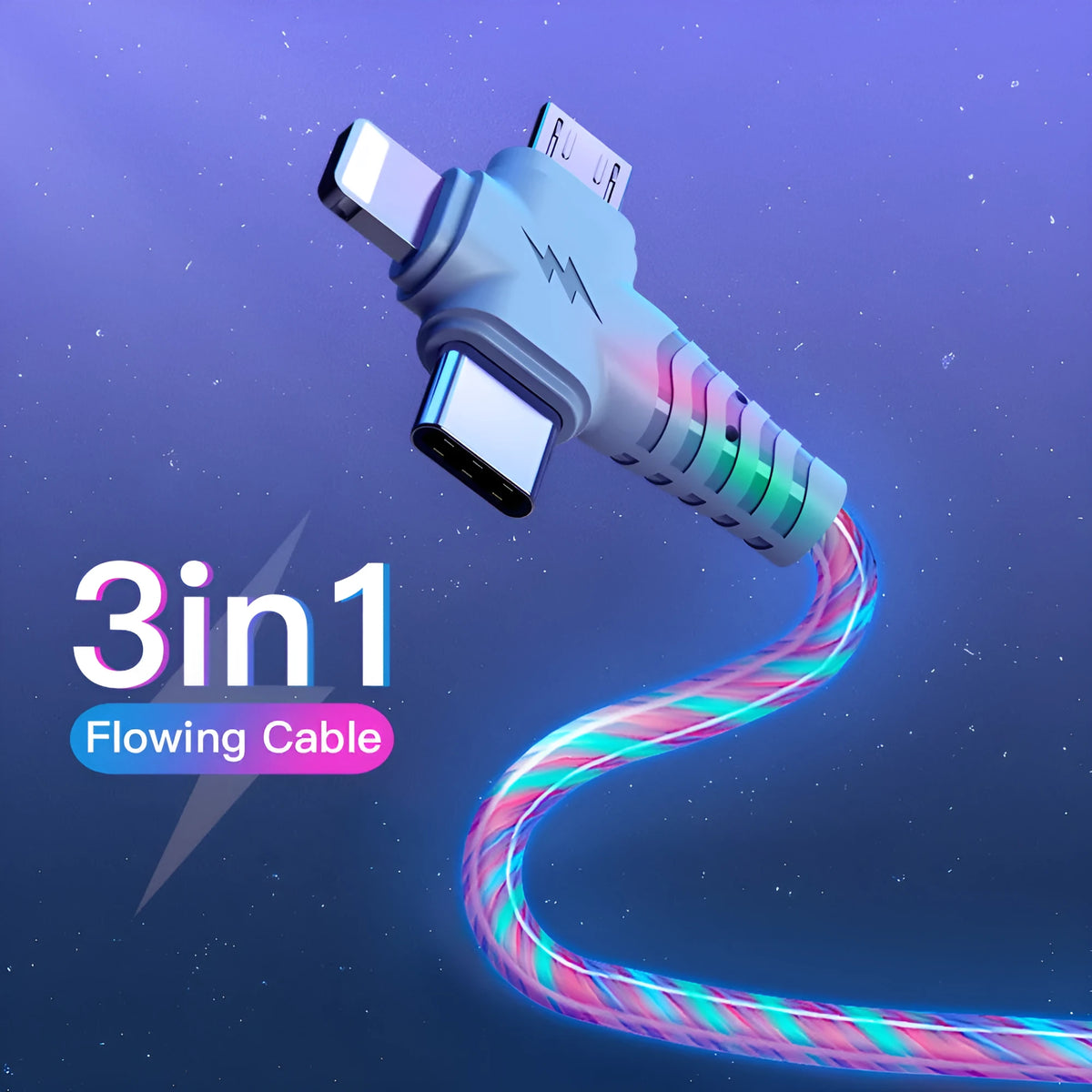 3-in-1 fast charging cable with aluminum alloy joints, luminous finish, USB A to Type C and Micro USB, 1m length