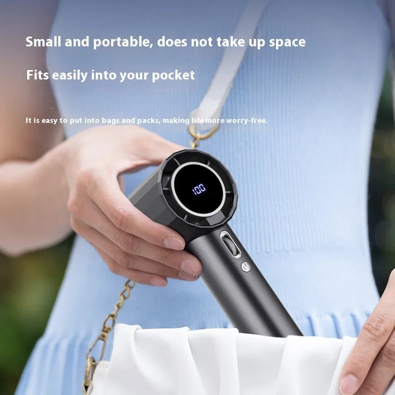 Handheld bladeless mini fan with digital display in grey, white, or pink, USB powered, with hundred gear speed control.