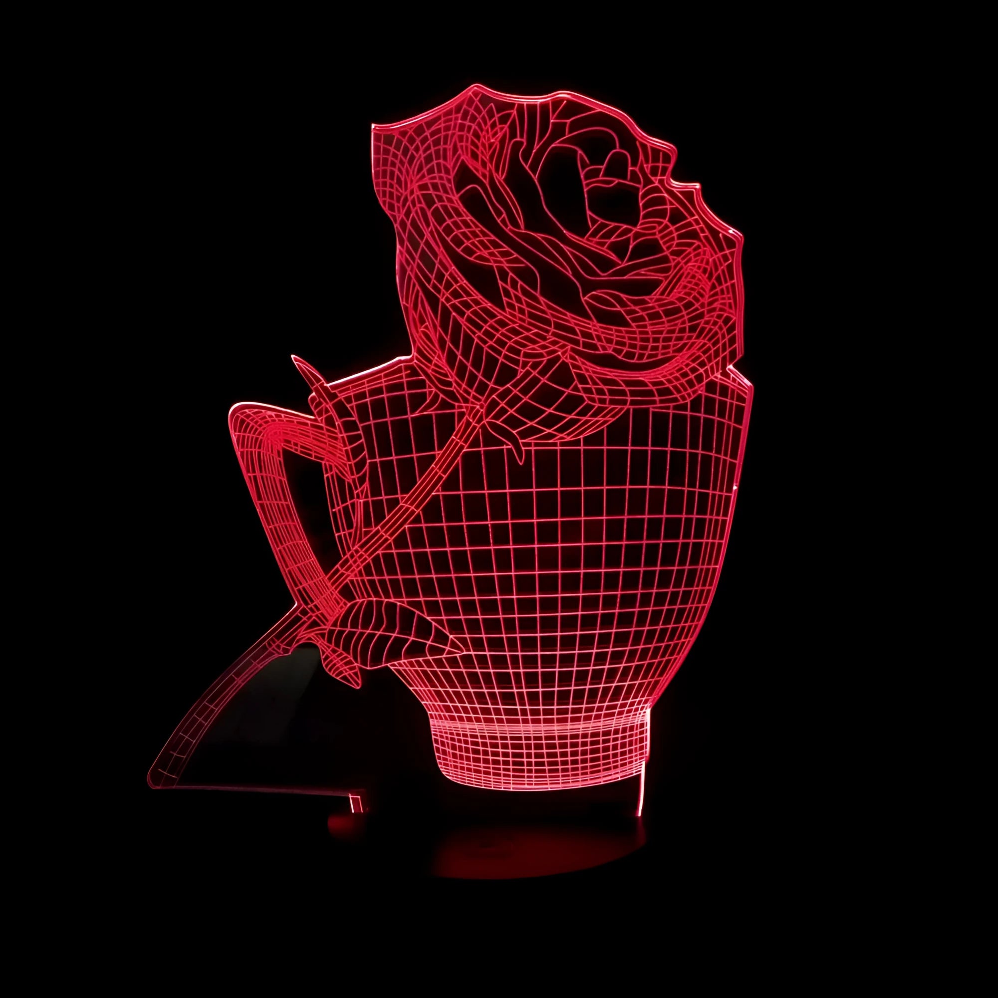 3D rose design LED night light with acrylic panel and ABS base showing multiple colour options.