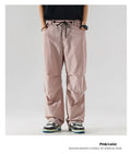 Men's thin ice silk nylon trousers in straight-leg cut showing colour options including black, army green, and apricot.