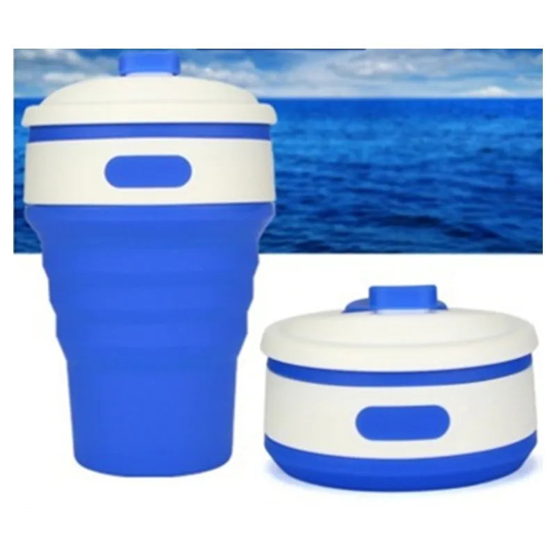 Collapsible silicone travel cup shown expanded and folded with leak-proof cover