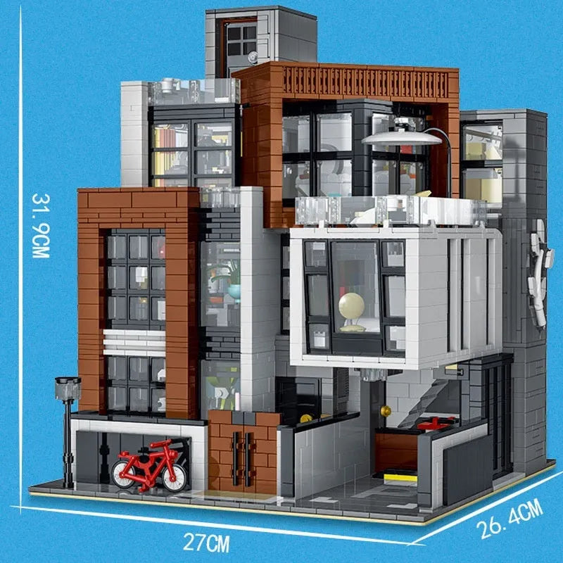 Plastic building blocks set for assembling a modern villa model with small particle pieces