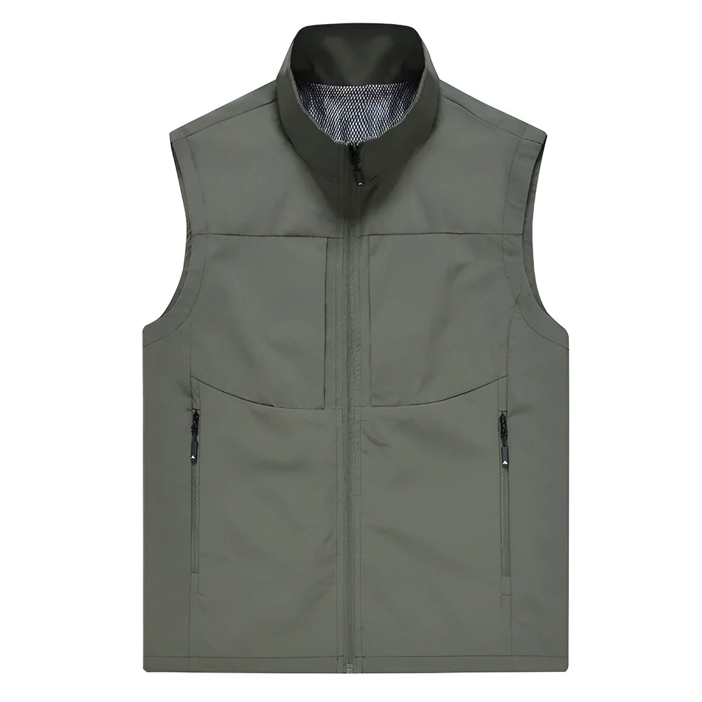 Men's casual polyester vest with a stand collar and zipper pockets in khaki colour.