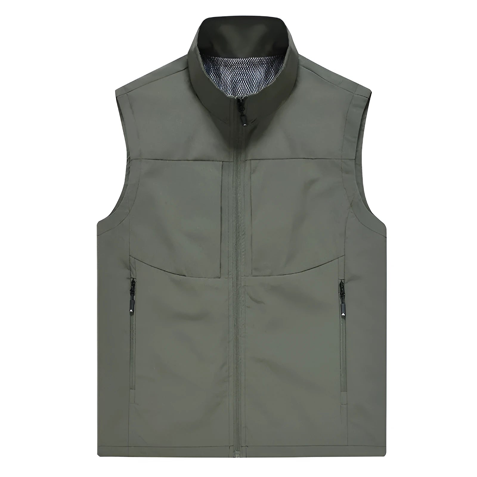 Men's casual polyester vest with a stand collar and zipper pockets in khaki colour.