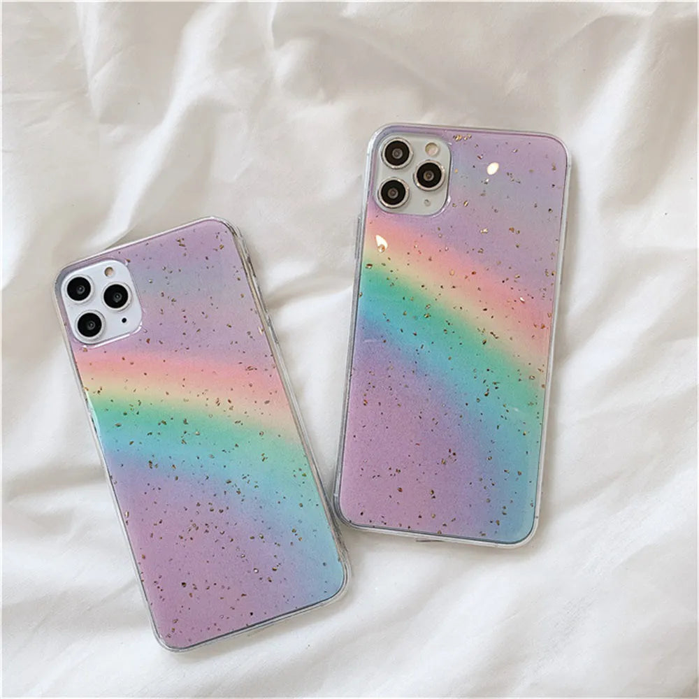 Rainbow gradient striped TPU protective case for iPhone on a white background.