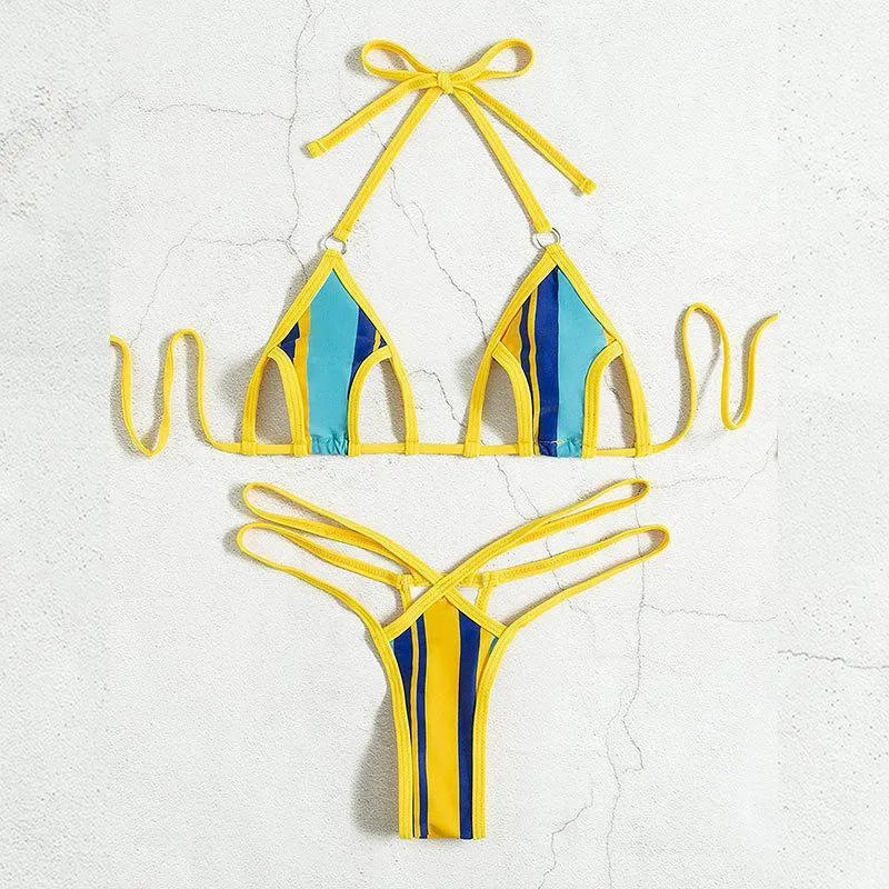 Yellow women's two-piece swimsuit with hollow neck-hanging style and backless design.