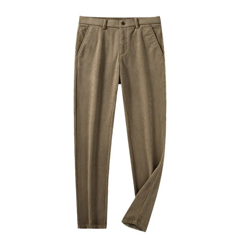 British retro striped straight-leg trousers in polyester blend fabric on size chart