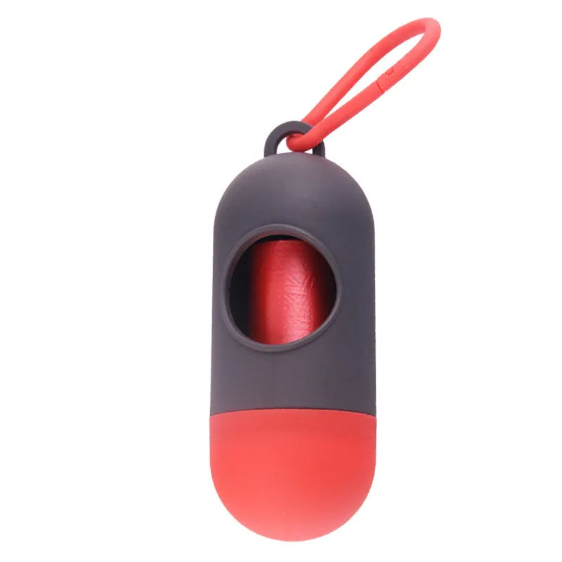 Small rectangular dog poop bag holder with a Velcro strap and metal hook, shown in a choice of colours.