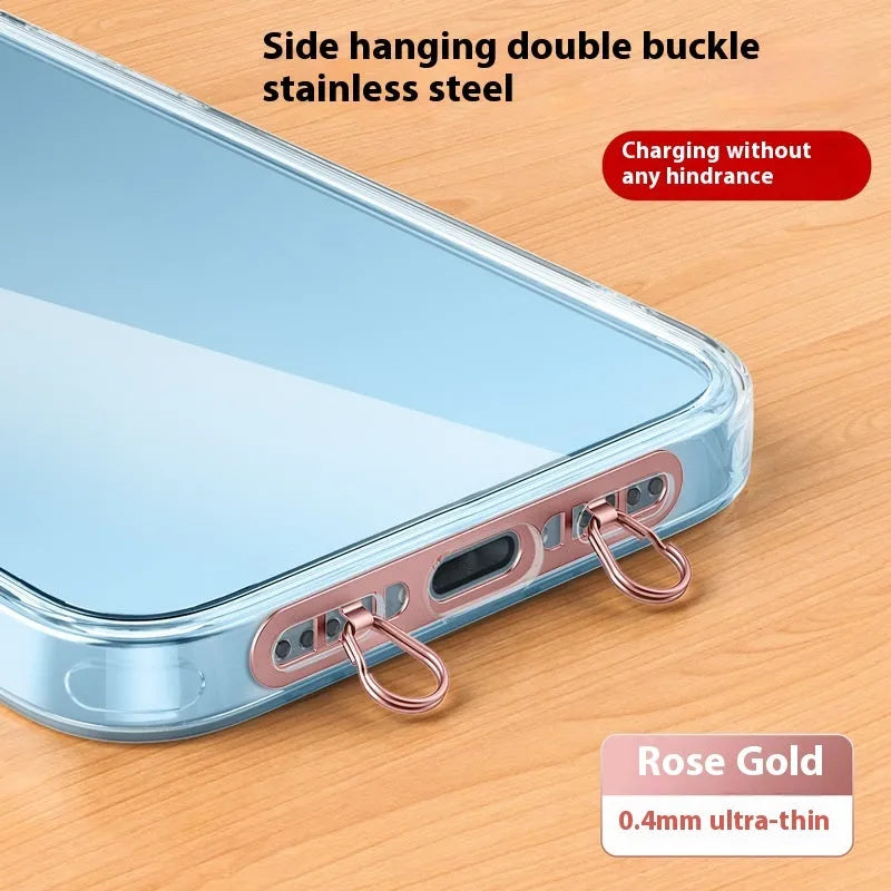 Stainless steel mobile phone lanyard with double buckle gasket and side hanging clip in electroplated metal finish