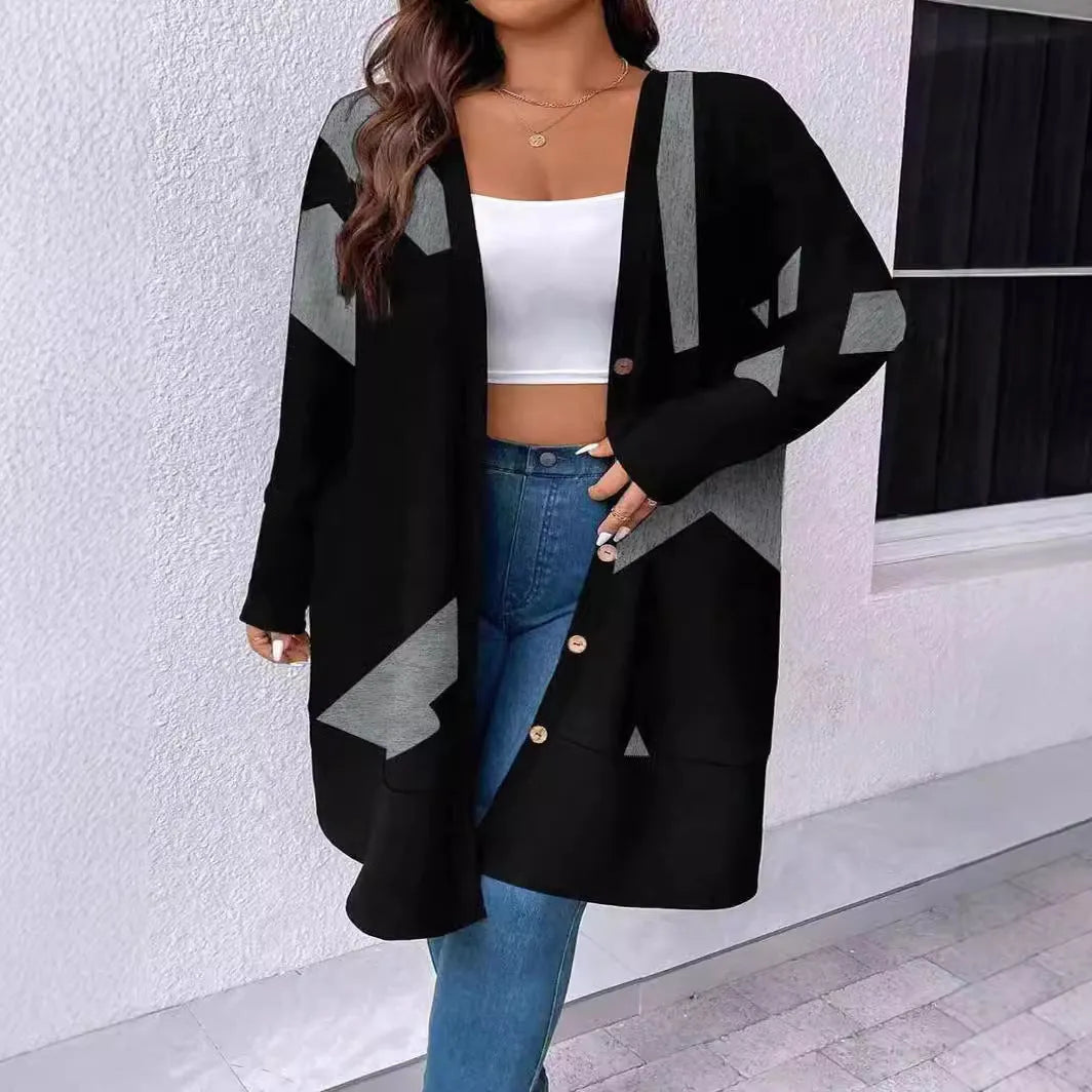 Black plus size casual cardigan coat with button stitching printing detail and loose fit