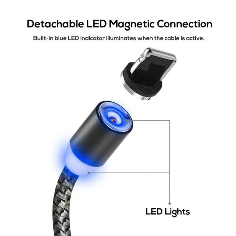 Magnetic charging cable with three plug tips for Apple, Android and Type-C devices