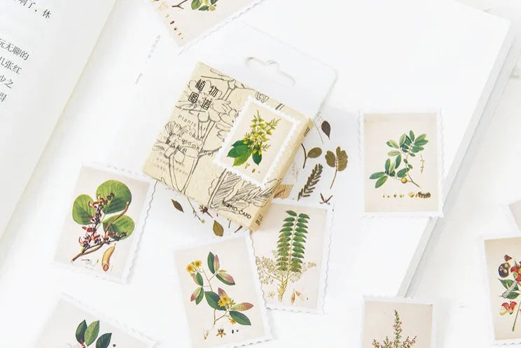 45 piece vintage plant sticker set on coated paper with botanical designs for scrapbooking and journaling