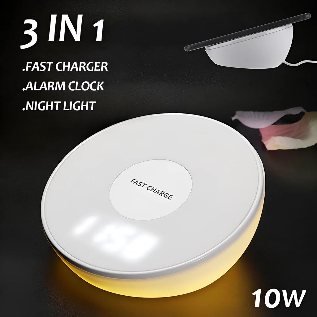 White wireless phone charger with clock display and control buttons on front