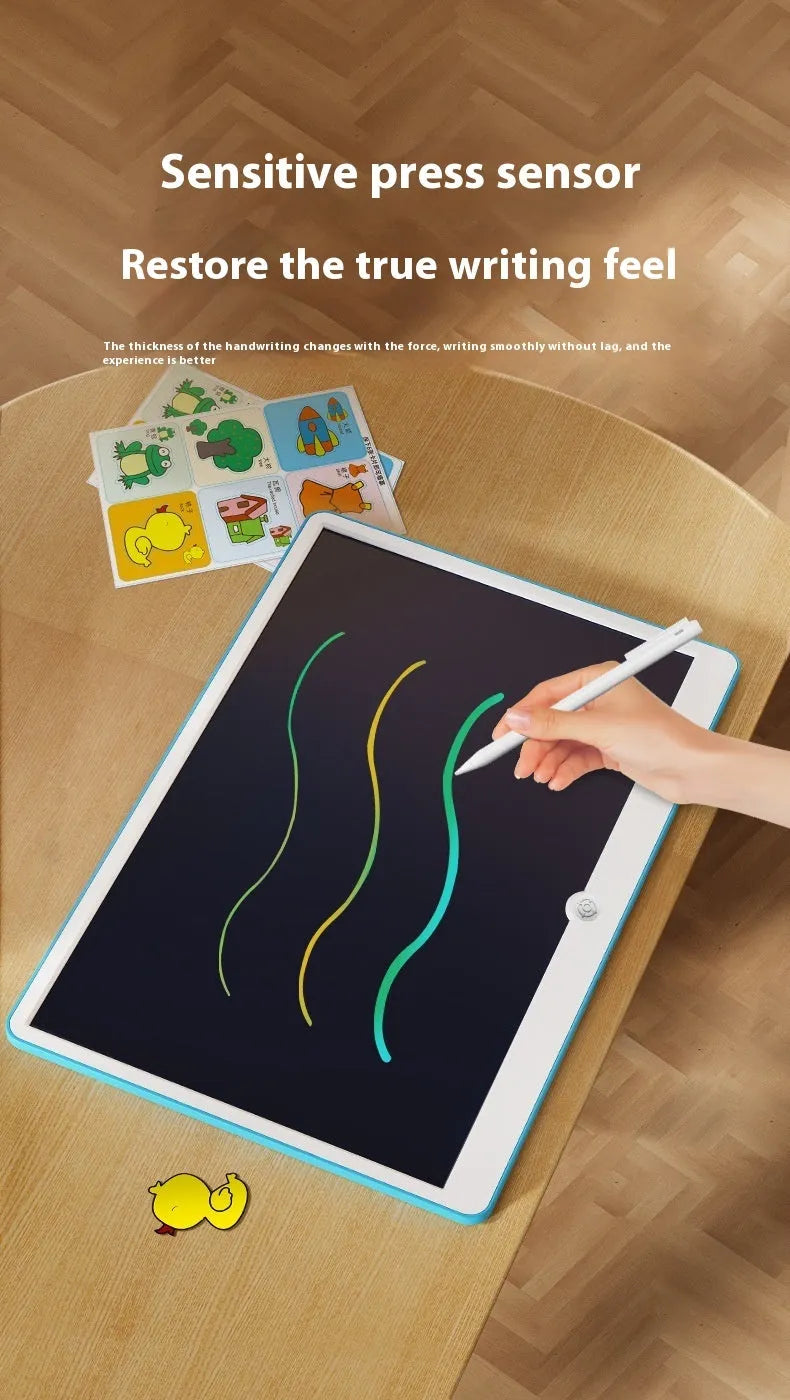19-inch blue and white rechargeable LCD drawing board for children on a table.