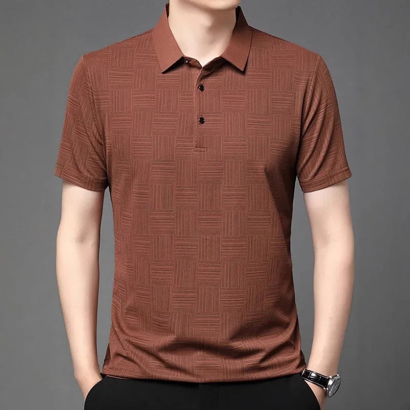 Man wearing a slim fit lapel T-shirt in a chemical fibre blend, available in multiple colours.