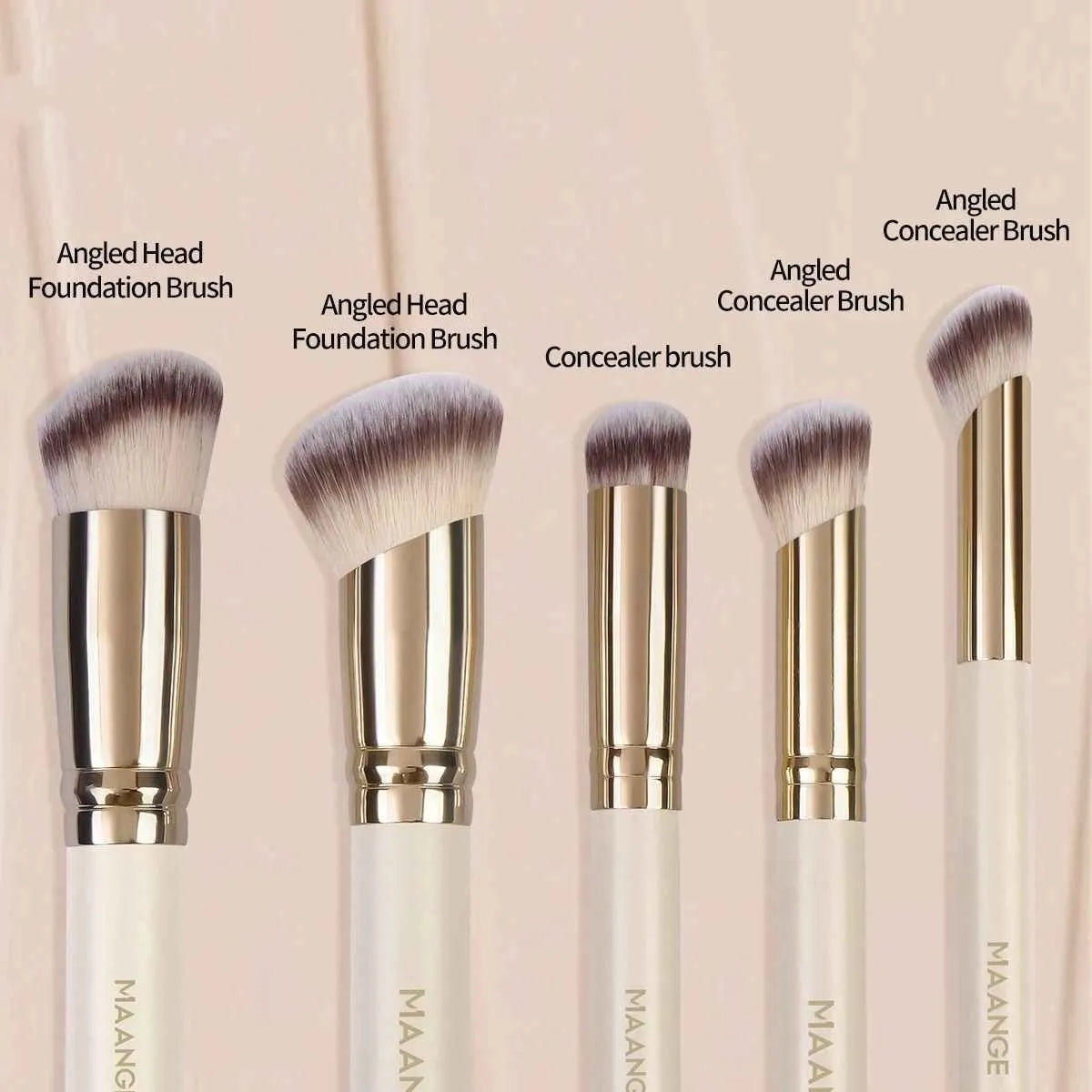 MAANGE apricot-coloured angled blush brush and four other makeup brushes from the five-piece set.
