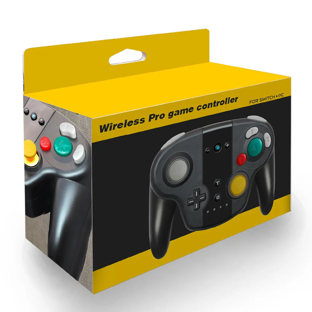 Black wireless gamepad for Nintendo Switch and PC with Bluetooth, NFC, and gyroscope functions.