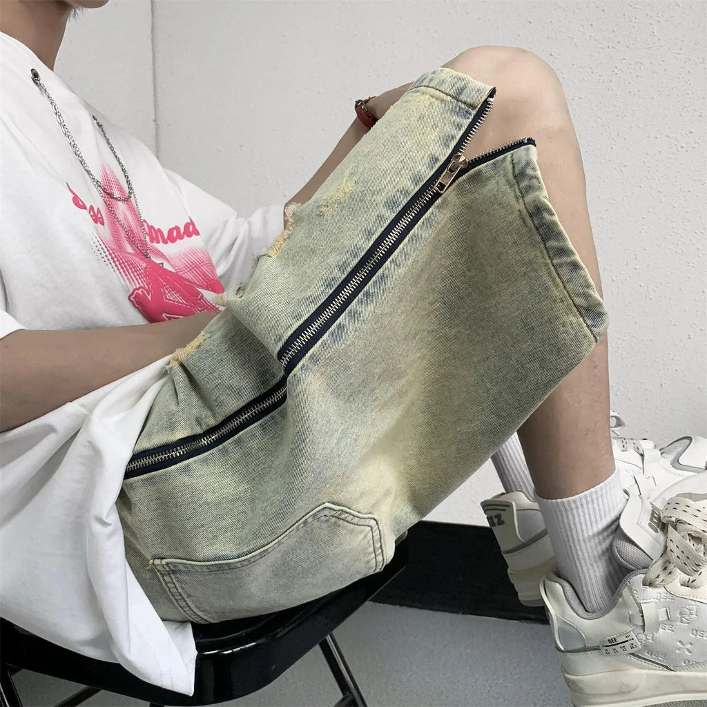 Retro yellow men's cargo shorts with ripstop denim, five pockets, and button fly closure