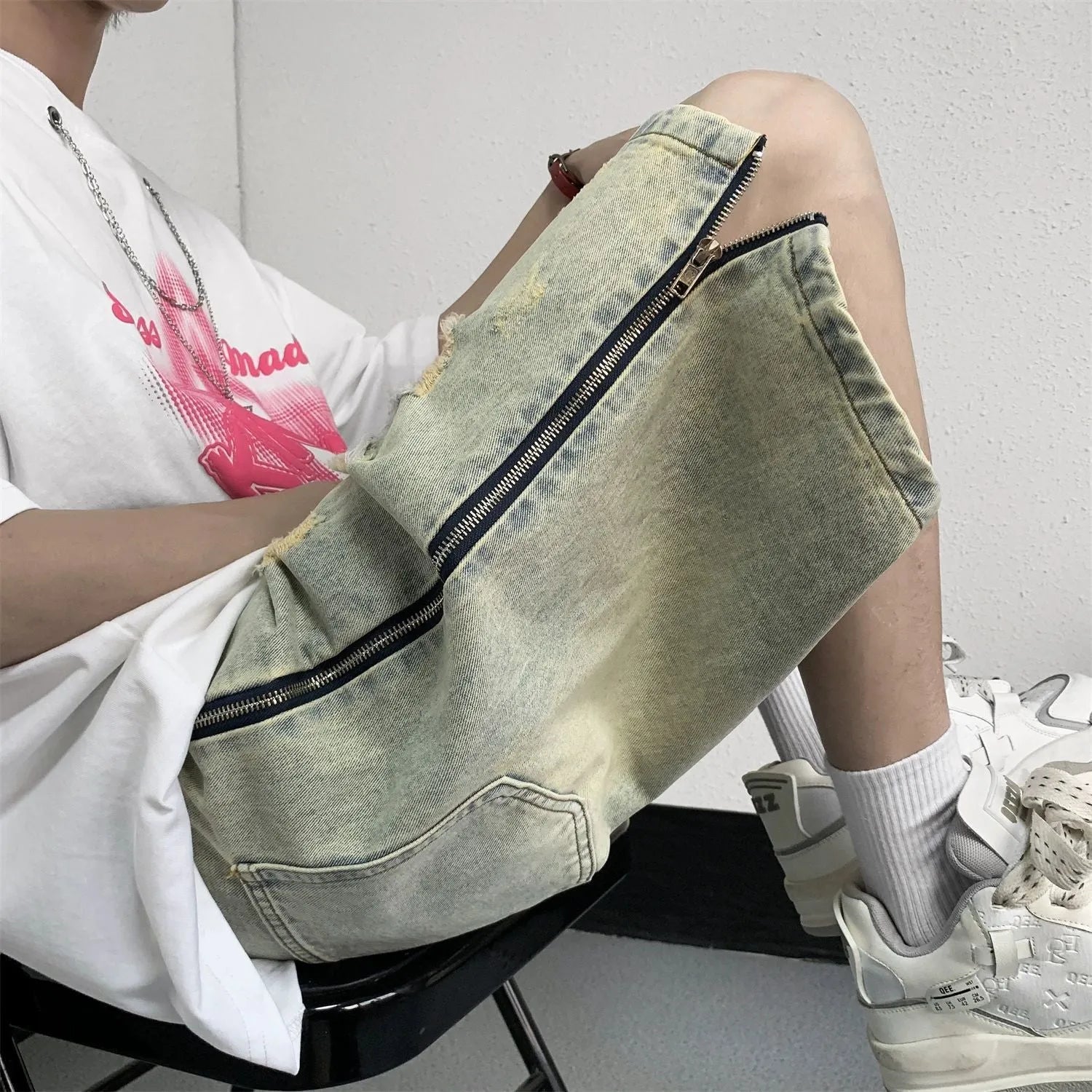 Retro yellow men's cargo shorts with ripstop denim, five pockets, and button fly closure
