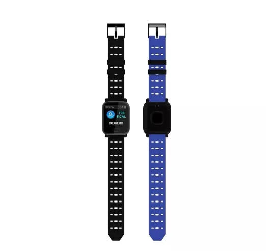 A6 smart bracelet with colour screen and silicone strap in blue, showing heart rate tracking.