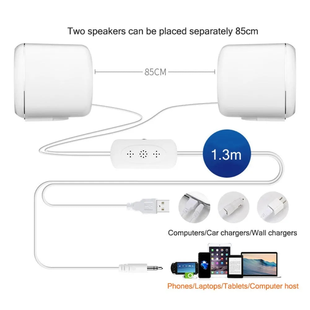 Compact black wired desktop speaker pair with 3.5mm plug measuring 7.2cm