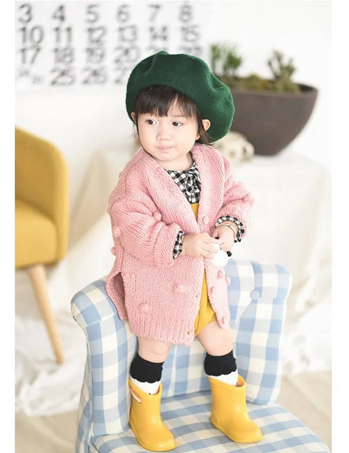 Baby girl soft knit pullover sweater in brown pink and yellow colours for toddlers sized 73cm to 100cm