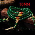 Handmade multi-strand green agate bracelet from Brazil on a wrist, showing stone sizes 6mm, 8mm, and 10mm.
