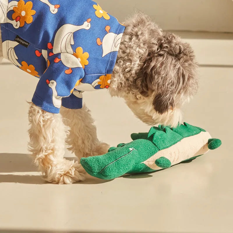 Green plush toy dog soft toy on white background, showing its 35cm length.